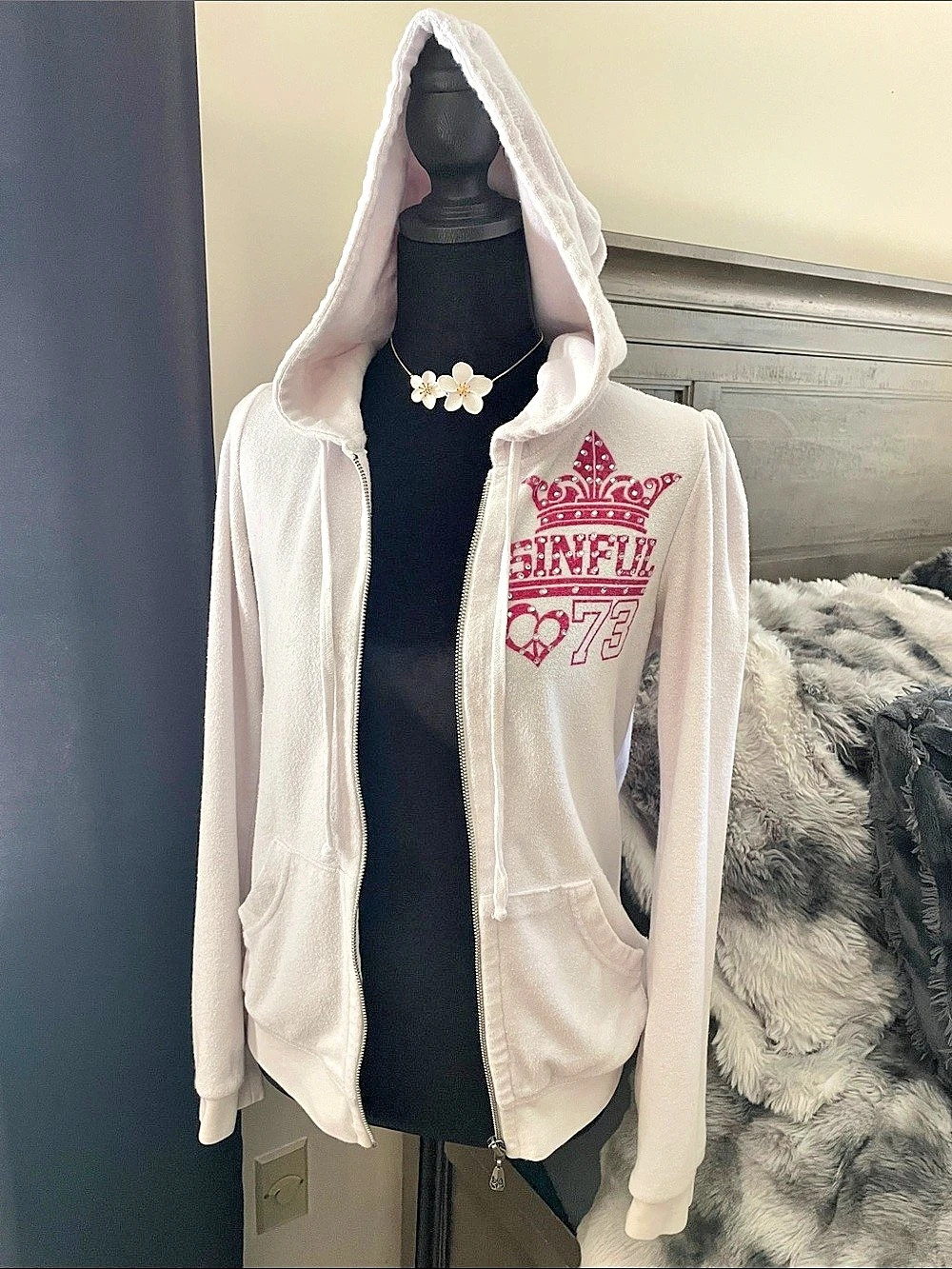 Sinful Rhinestone Graphic Zip Hoodie in Pink Medium Like New